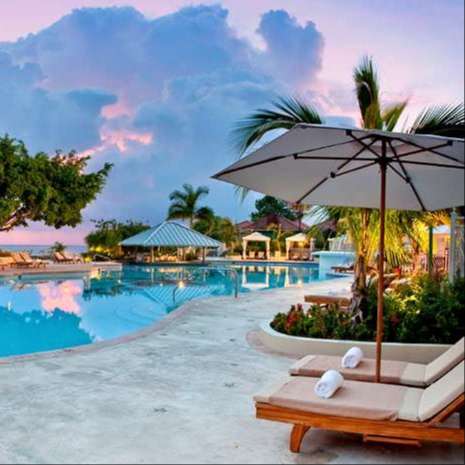blue pool, gray pool decking, lavendar sunset